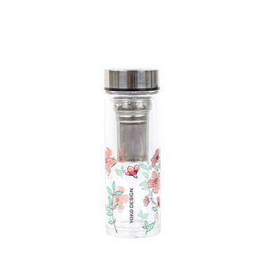 DOUBLE-WALL GLASS TEA CUPS with pink flowers 350 ML