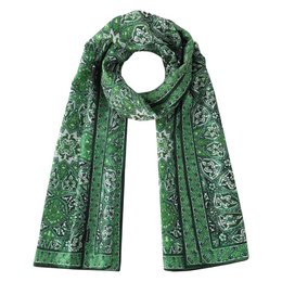 Green silk scarf with Turkish print pattern, featuring intricate floral and paisley designs in shades of green.