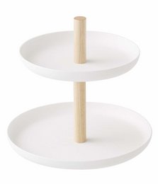  A two-tier white ceramic tray with a wooden stand, suitable for displaying jewelry or other small items.