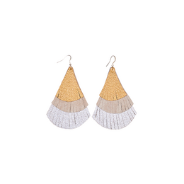 Leather earrings with fringes, tassels, and silver accents. Statement earrings with a layered, textured design.