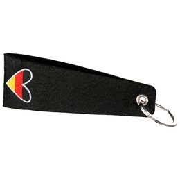 Black keychain with colorful heart shape design, small size, metal ring attachment.