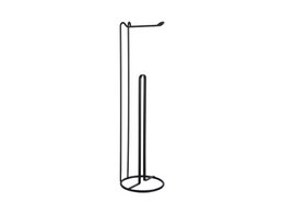  Freestanding metal toilet roll holder with minimalist, modern design. Includes a vertical bar for storing extra rolls.