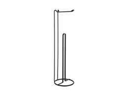 Freestanding metal toilet roll holder with minimalist, modern design. Includes a vertical bar for storing extra rolls.