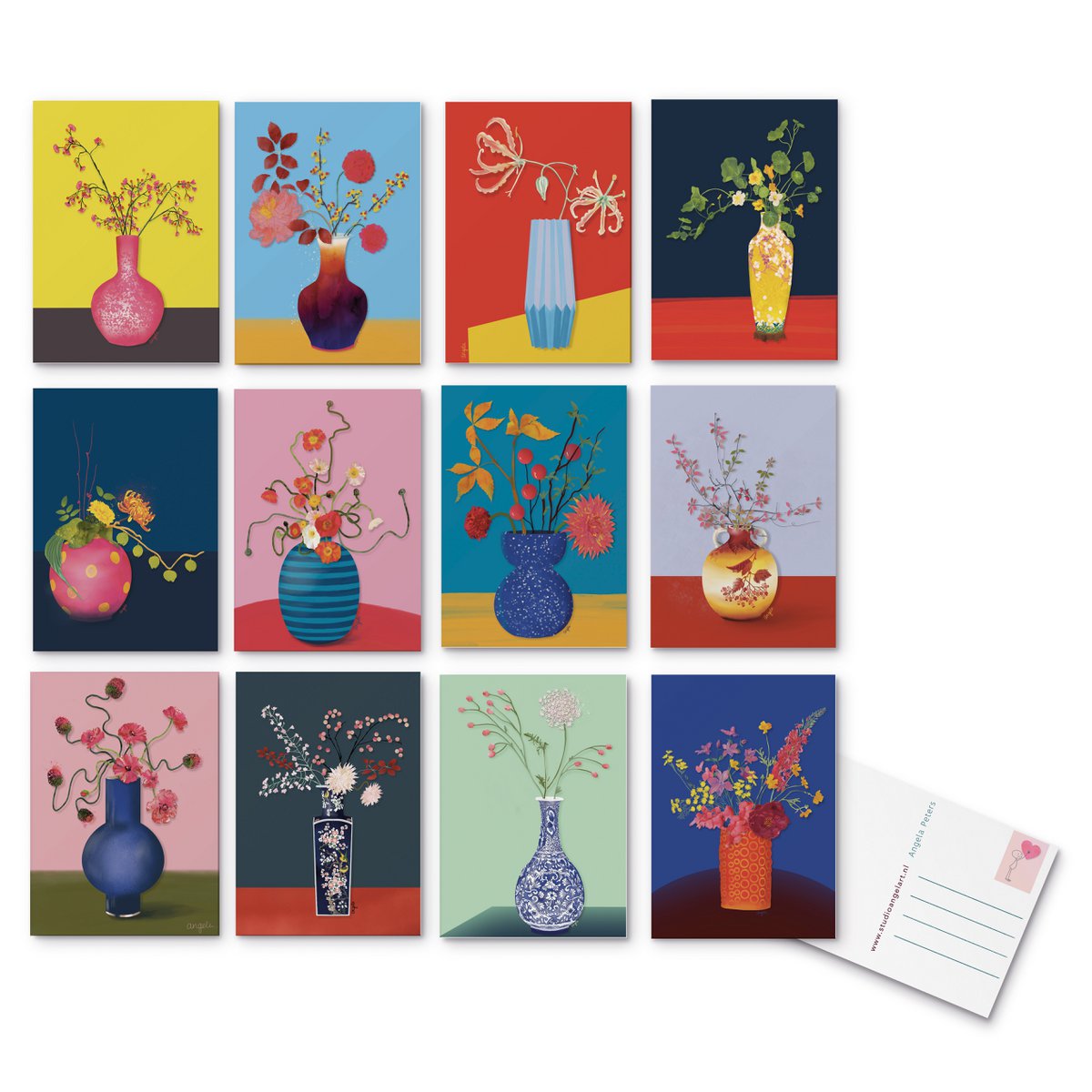 colorful floral greeting cards set -12 pieces - Blank