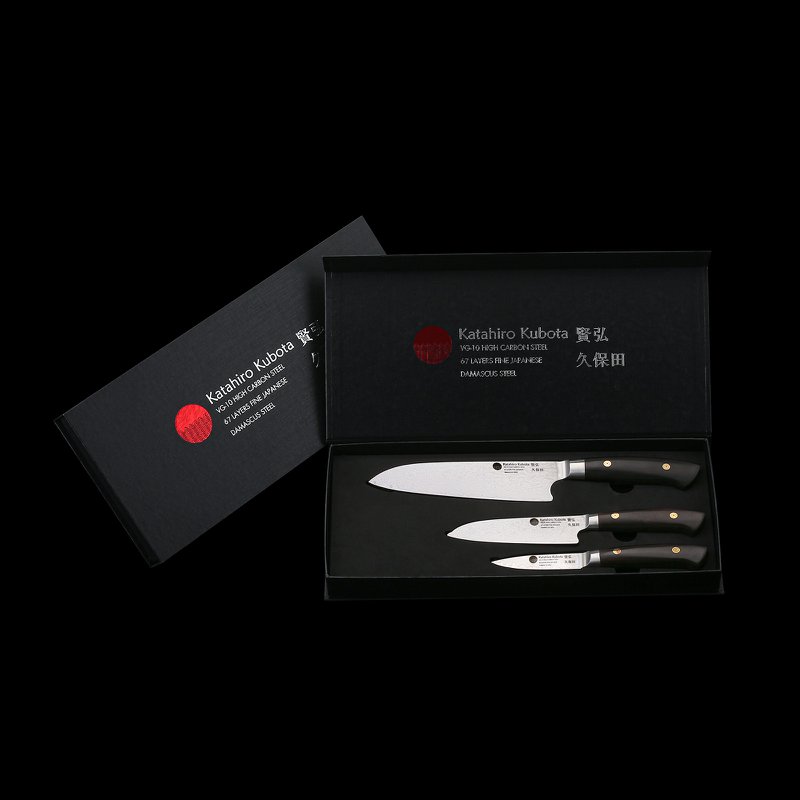 KATAHIRO KUBOTA Sense 3tlg. Santokumesser-set aus Damast und Ebenholzgriff