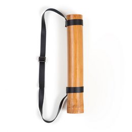 Bamboo quiver for arrows, designed for archery. Cylindrical shape, natural bamboo material, with a shoulder strap for carrying.