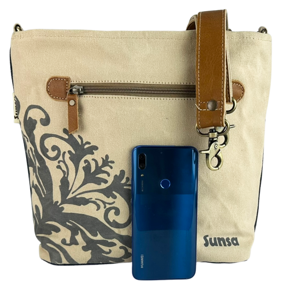 Sunsa dames schoudertas. Schoudertas gemaakt van upcycled jeans en canvas. Handtas vintage retro-stijl. Crossbodytas voor dames met print