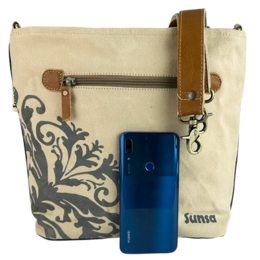 Sunsa dames schoudertas. Schoudertas gemaakt van upcycled jeans en canvas. Handtas vintage retro-stijl. Crossbodytas voor dames met print