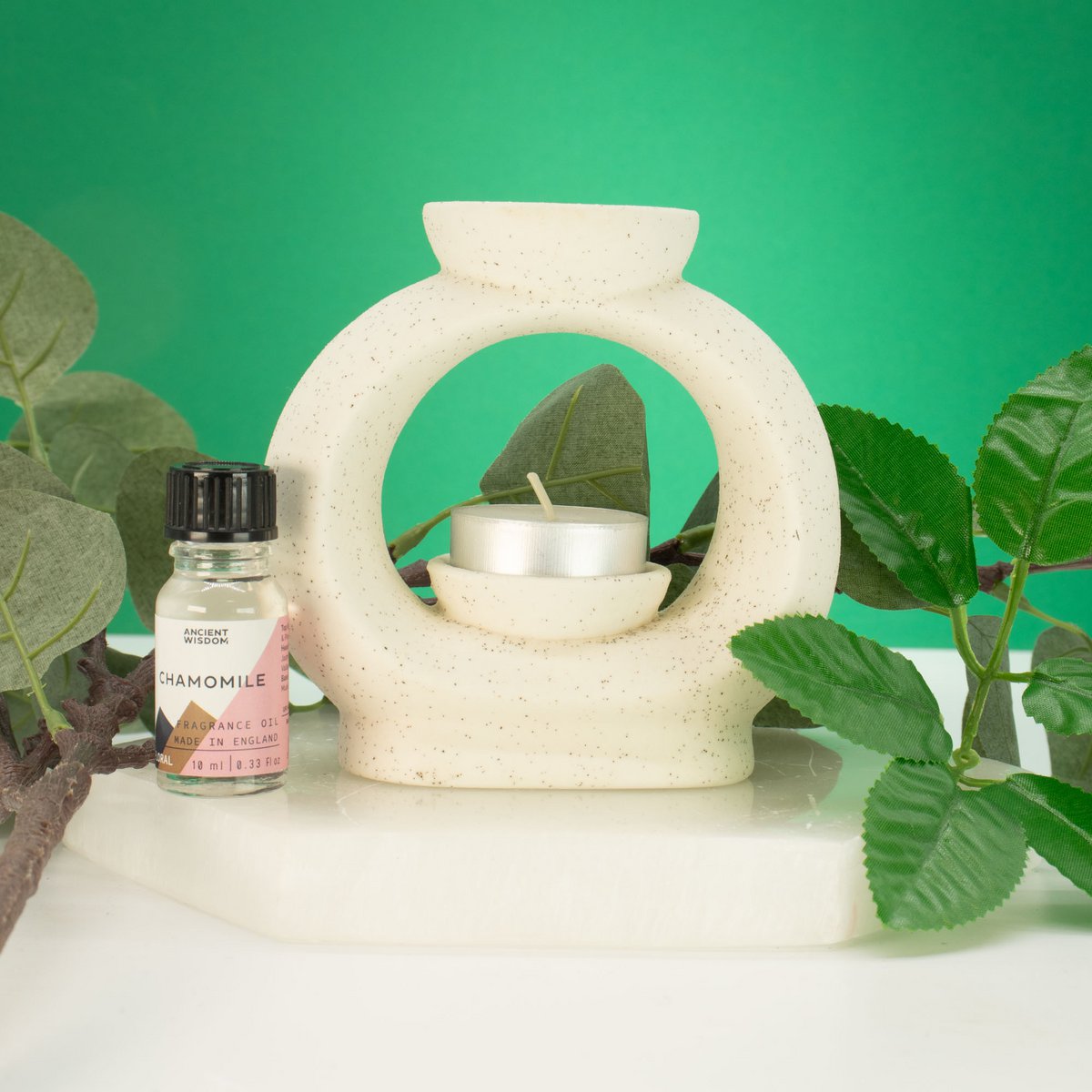 3x bruciatori a olio Zen in ceramica - Ciottolo ovale grande - Bianco maculato