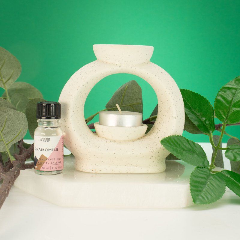 3x bruciatori a olio Zen in ceramica - Ciottolo ovale grande - Bianco maculato