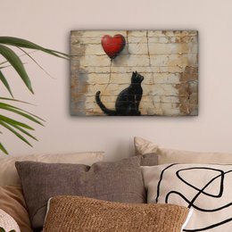 Canvas schilderij - Wanddecoratie Kat - Graffiti - Ballon - Street art - Abstract - Muurdecoratie woonkamer - Kamer decoratie modern - Abstracte schilderijen