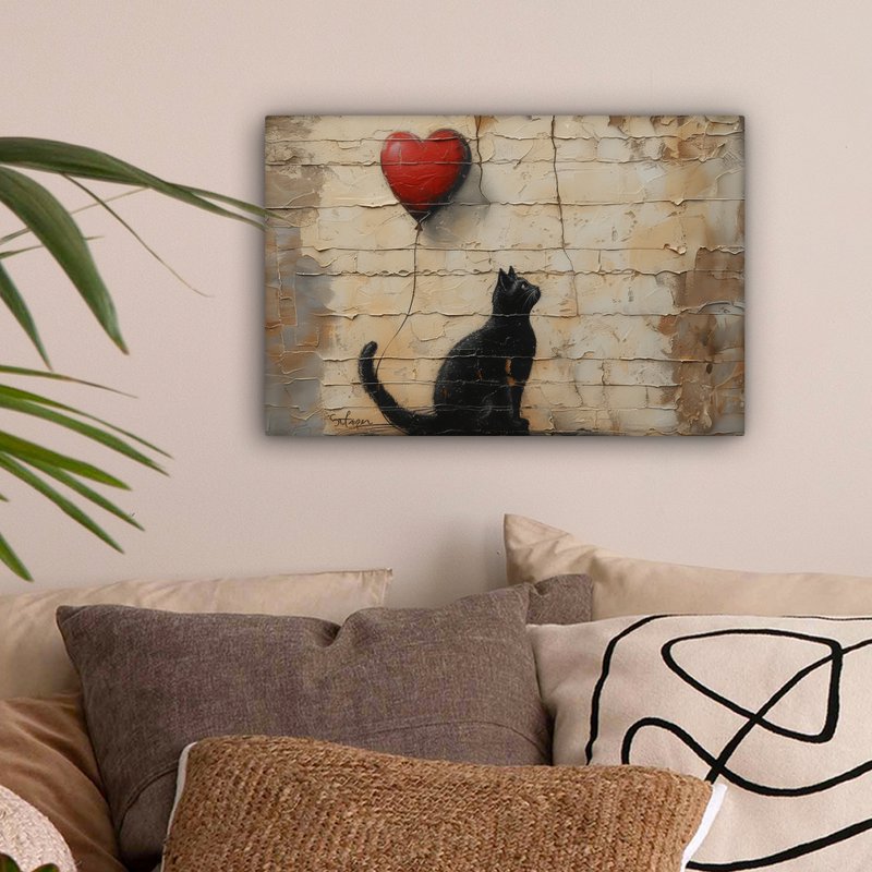 Canvas schilderij - Wanddecoratie Kat - Graffiti - Ballon - Street art - Abstract - Muurdecoratie woonkamer - Kamer decoratie modern - Abstracte schilderijen