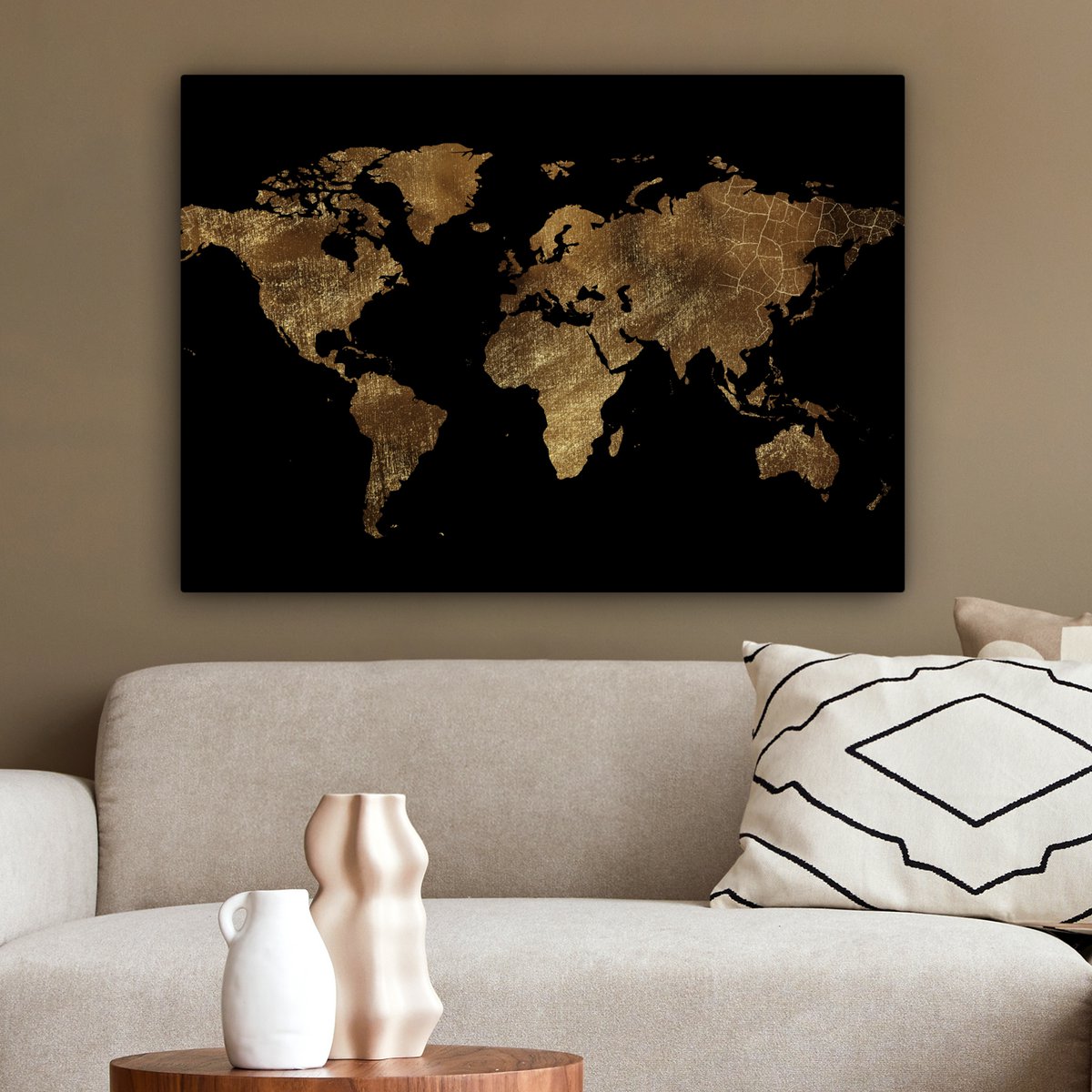 Canvas schilderij  - Wanddecoratie - Wereldkaart - Goud - Luxe - Aarde - Zwart