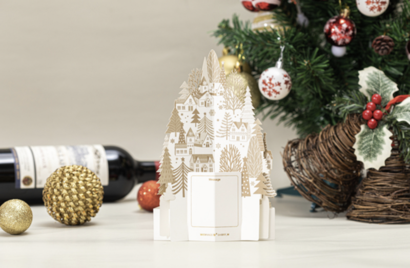 3D Pop up Christmas card gold white houses on a snow hill