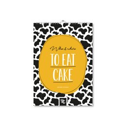 A black and white animal print birthday calendar with a yellow circular design that says "Time to eat cake" in the center.