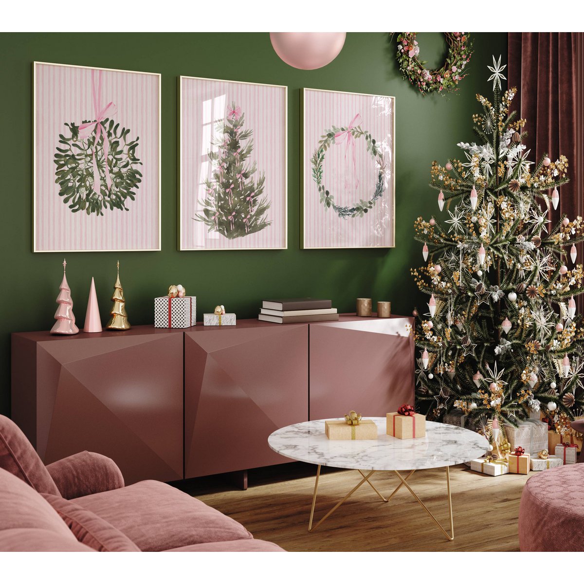 Plakat juletræ med lyserøde bånd, lyserød juleplakat, juletræplakat, lyserød buer udskrivning, lyserød juledekor