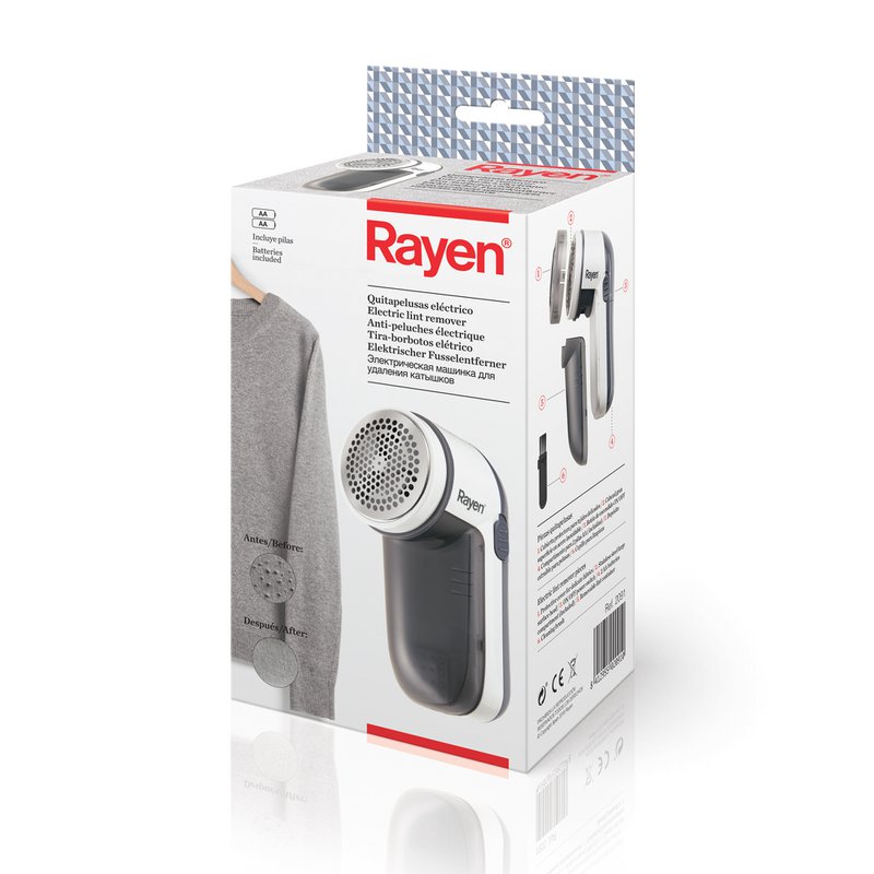 Rayén | Elektrisk fnugfjerner | Inkluderer batterier | Med acrylonitril-butadien-styren beskyttelsesdæksel, hvid/grå | Til alle typer beklædningsgenstande | Multifunktionel | Mål: 13 x 6,8 x 5,8 cm