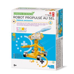 A colorful robot toy with a propeller-like mechanism, designed for arts and crafts activities. The robot has a yellow and orange color scheme, with various shapes and patterns on its body.