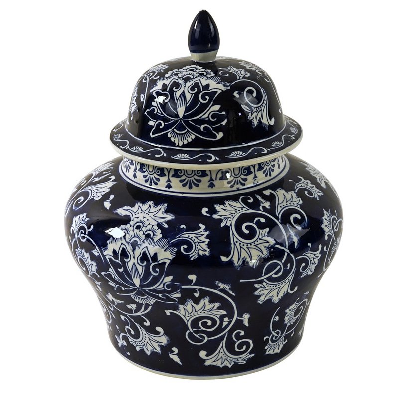 Vase avec couvercle Mila, bleu/blanc, peint à la main, porcelaine, 35x35x43 cm