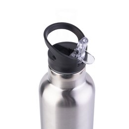 Stainless steel water bottle with black cap and carabiner clip.