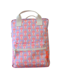  Medium-sized backpack with a colorful milkshake pattern, suitable for kids. The backpack has a sturdy handle and is made of durable materials.