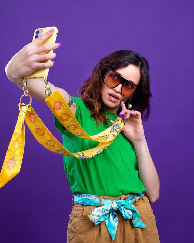 Virginieriou - Telephone shoulder strap "The Shamels of the Sun" - 100% Recycled polyester Twill - Yellow / Totem animals - 128 cm x 5 cm