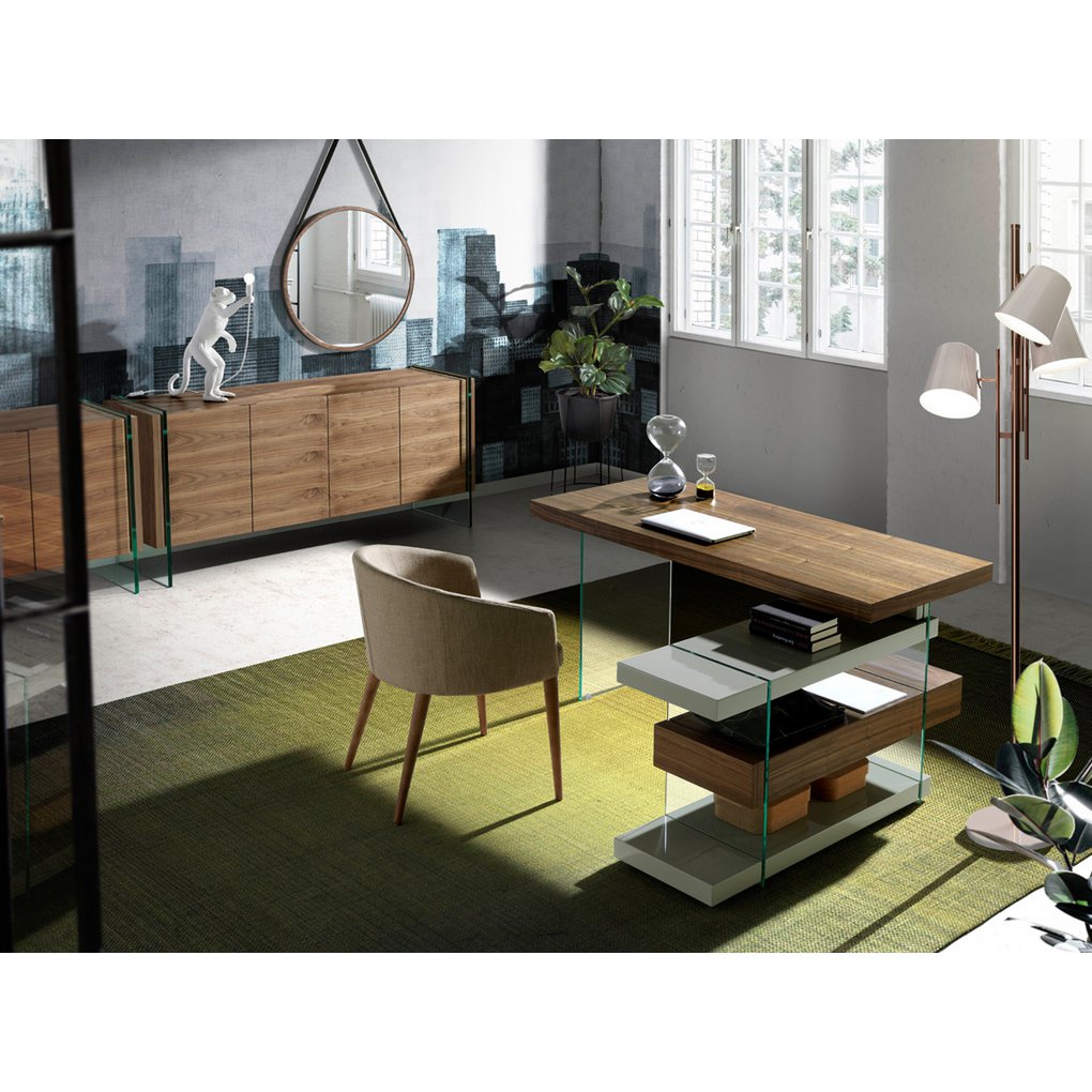 Walnut wood desk and tempered glass