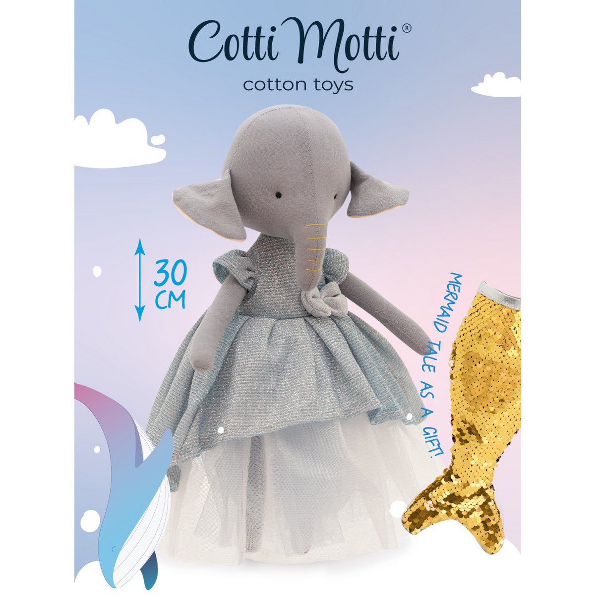 Cotton Soft Toy, Cotti Motti - Ali The Elephant: Light Blue Dress + Bonus Mermaid Tale (30 cm)