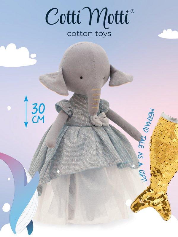 Cotton Soft Toy, Cotti Motti - Ali The Elephant: Abito azzurro + Bonus Mermaid Tale (30 cm)