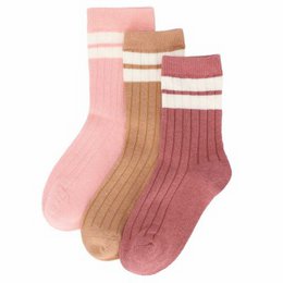 A set of 3 pairs of ribbed socks in soft pink and multi-color designs, suitable for kids.