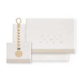 Soft, cozy coral fleece bedding set with fitted sheet, pillowcase, and pacifier holder. Includes stars and moon design for a sweet, whimsical look.