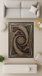 Large dark blue area rug with intricate floral and geometric patterns, suitable for living rooms or bedrooms.