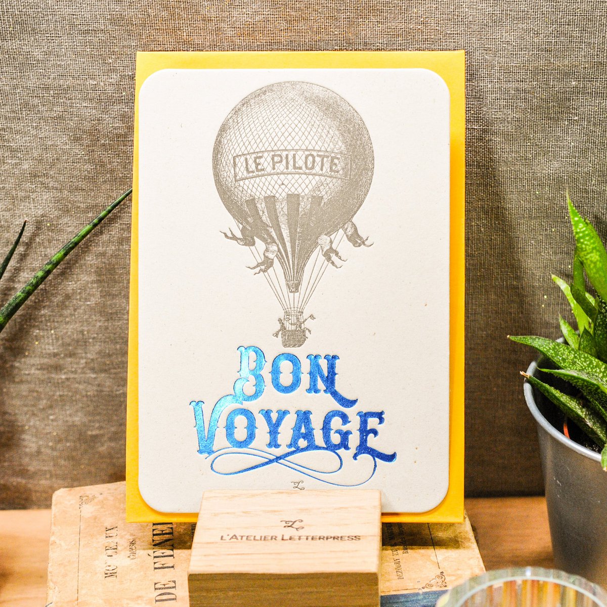 Hot Air Balloon Letterpress Card, blue (with envelope)