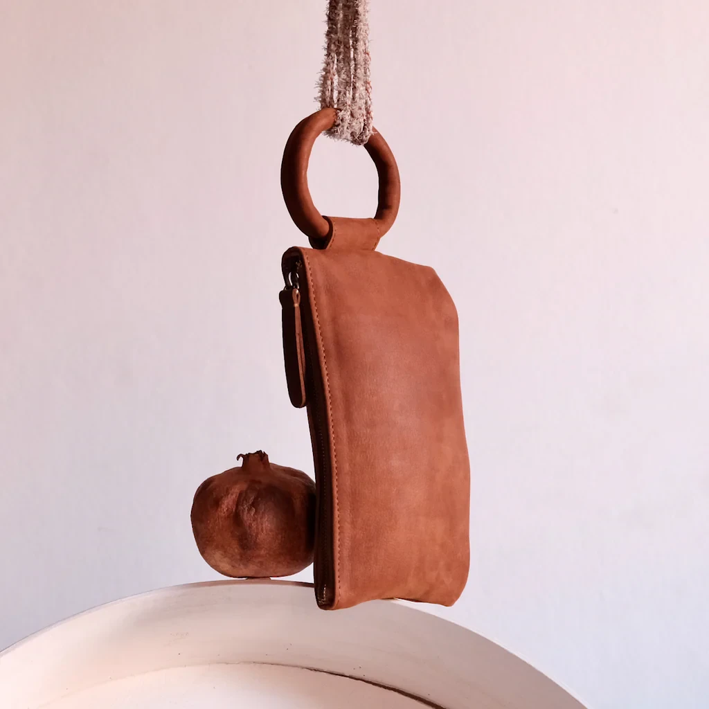 Cognac Leather Circular Handle Clutch 