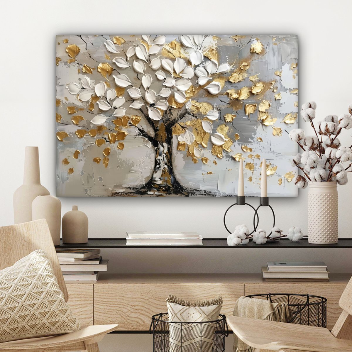 Peinture sur toile - Décoration murale - Boom - Beige - Gray - Gold - Résumé