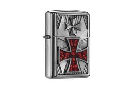 Silver-toned Zippo lighter with a cross and fireworks design, packaged in a black box with the "Feuerwerk" logo.