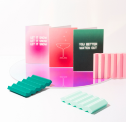 Set of 6 holiday greeting cards in vibrant pink and green colors with a wine glass graphic and text "You better wine up".