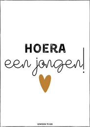 A greeting card with the text "Hoera een jongen!" (Hooray a boy!) in a stylized font, accompanied by a heart symbol.
