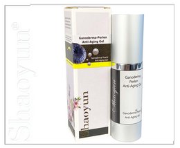 Ganoderma Pearls Anti-Aging Gel, a 15ml or 30ml cream product in a white and green box packaging.