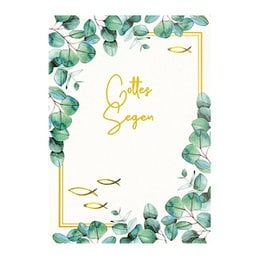 Greeting card with a floral border of green leaves and gold text that reads "Guten Segen" (German for "Good Blessing"). The card has a simple, elegant design with a minimalist style.