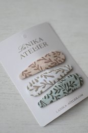Branches Trio-Set aus Haarspangen, Druckknöpfe mit Blumenmuster in Pastellmint, Rouge und Grau