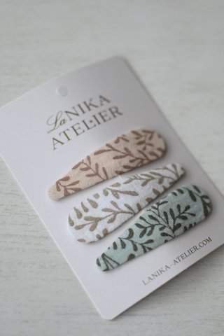Branches Trio-Set aus Haarspangen, Druckknöpfe mit Blumenmuster in Pastellmint, Rouge und Grau