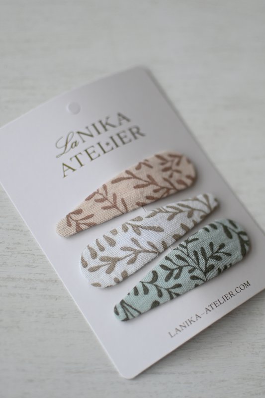Branches Trio-Set aus Haarspangen, Druckknöpfe mit Blumenmuster in Pastellmint, Rouge und Grau