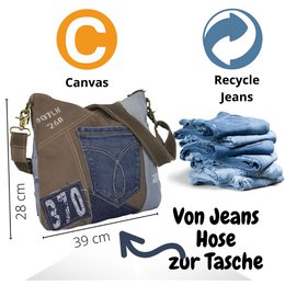 Sunsa Bæredygtig Skuldertaske til kvinder. Skuldertaske lavet af genbrugte jeans & canvas (canvas). Håndtaske i vintage retro stil. Crossbody taske til kvinder.