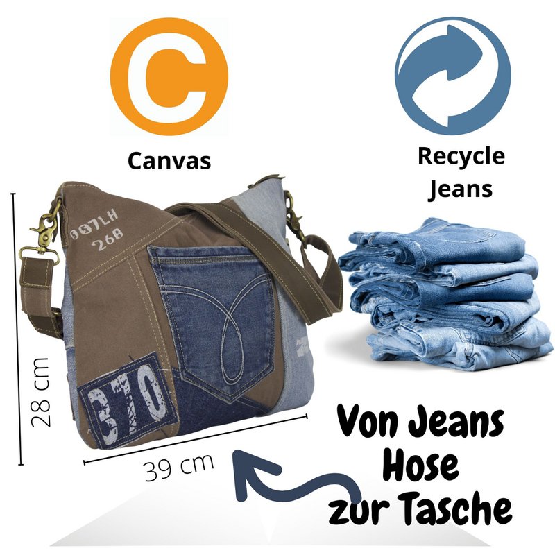 Sunsa Bæredygtig Skuldertaske til kvinder. Skuldertaske lavet af genbrugte jeans & canvas (canvas). Håndtaske i vintage retro stil. Crossbody taske til kvinder.