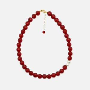 Red Agate & Pearl Necklace – 10mm Beaded Gemstone Jewerly