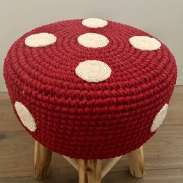 Luna-Leena stool with a mushroom cover red -  cotton & wood - hand crocheted in Nepal
