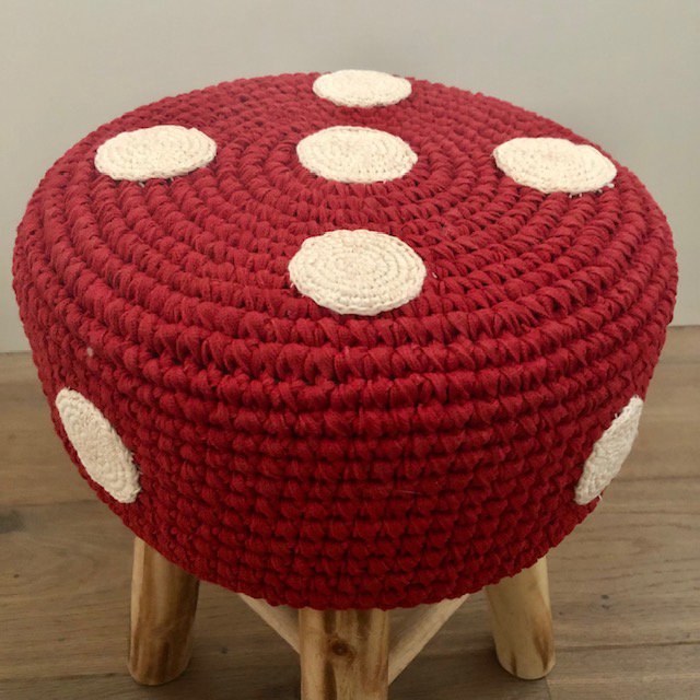 Luna-Leena stool with a mushroom cover red -  cotton & wood - hand crocheted in Nepal