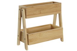 Natural bamboo shelf with 2 floors, ideal for spice rack or wall storage. Rectangular shape, wooden construction.