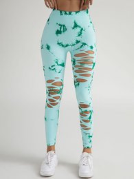 4er-Pack Yoga-Hosen im neuen Stil mit ausgehöhltem Batikmuster und hohem Bund für Bauchkontrolle